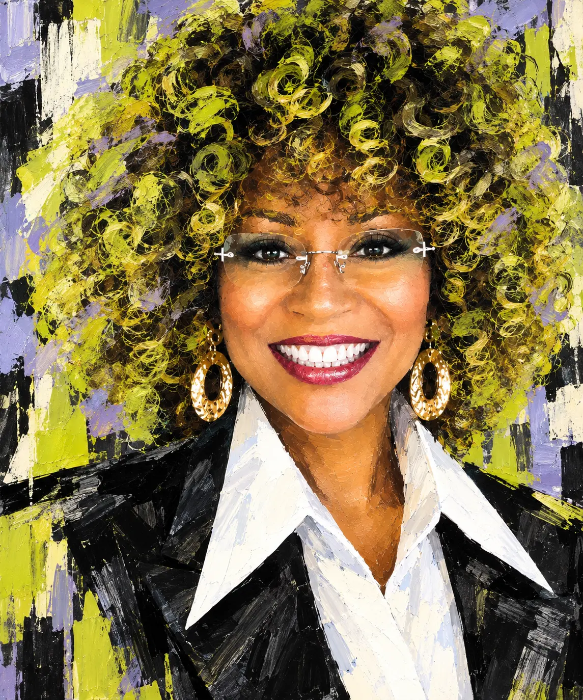 Painterly portrait of Allison Kalloo smiling, with glasses and chartreuse curls