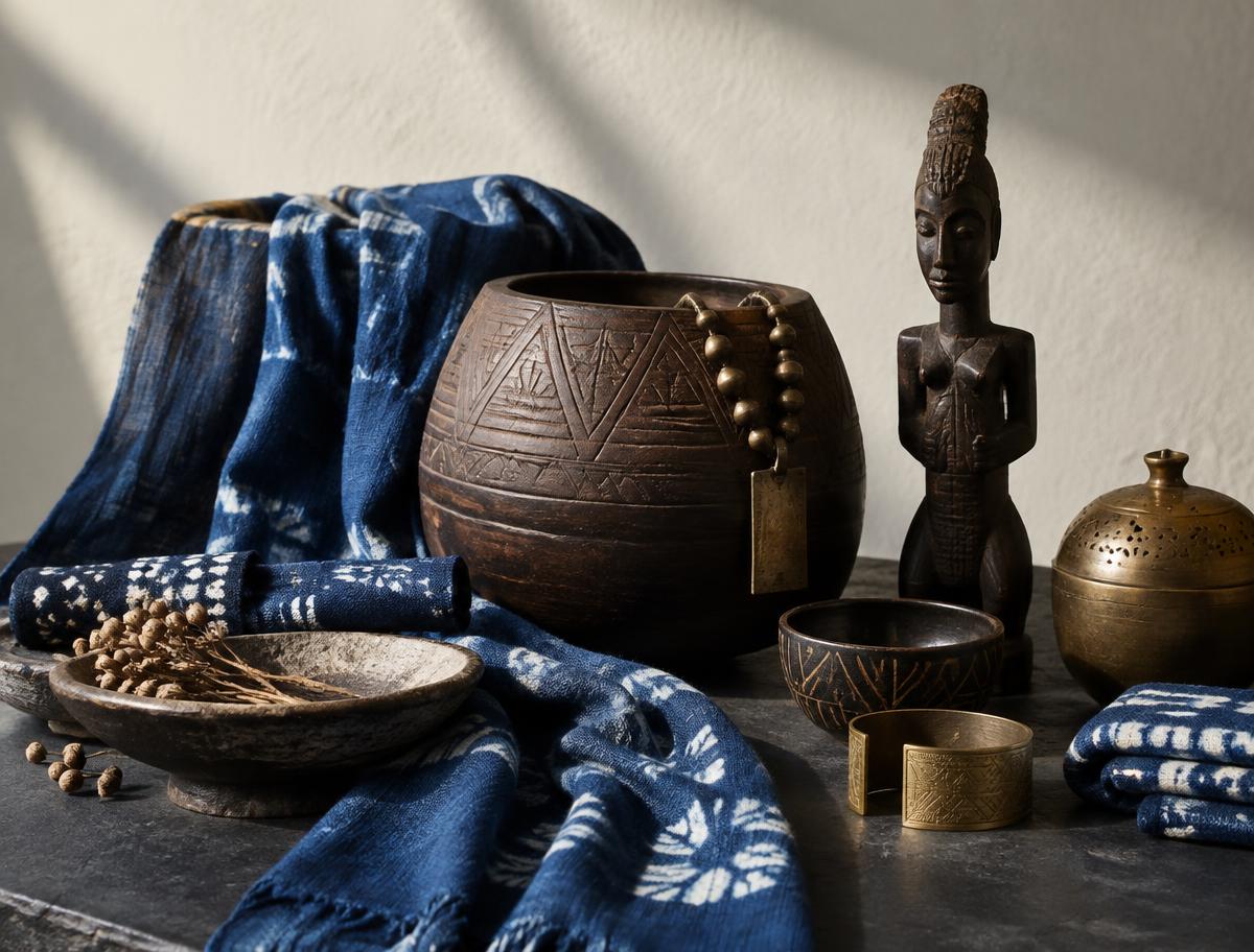 Hand-crafted textiles, brass and carved vessels arranged as a still life